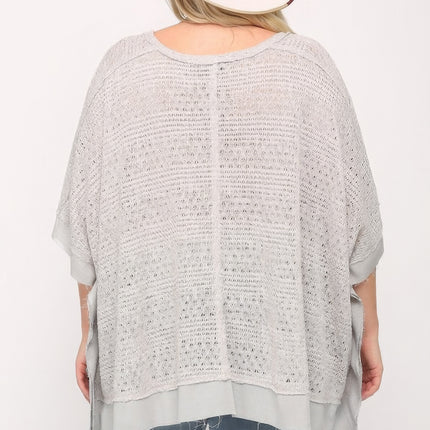 Light Knit And Woven Mixed Boxy Top With Poncho Sleeve