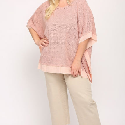 Light Knit And Woven Mixed Boxy Top With Poncho Sleeve