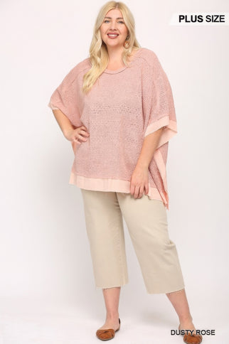 Light Knit And Woven Mixed Boxy Top With Poncho Sleeve