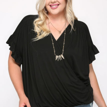 Solid Viscose Knit Surplice Top With Ruffle Sleeve