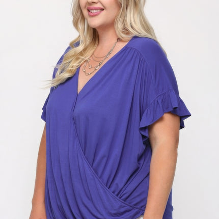 Solid Viscose Knit Surplice Top With Ruffle Sleeve