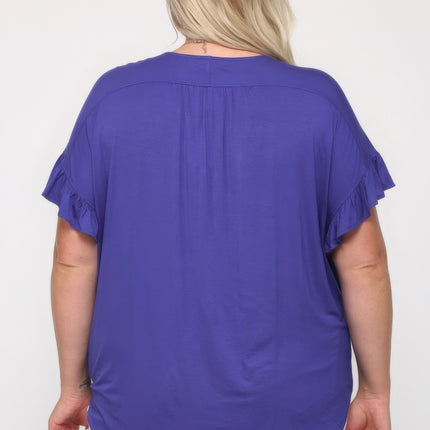 Solid Viscose Knit Surplice Top With Ruffle Sleeve