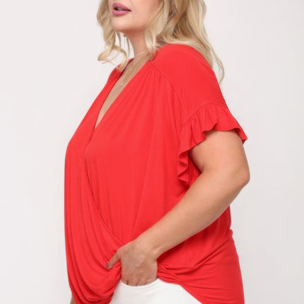 Solid Viscose Knit Surplice Top With Ruffle Sleeve