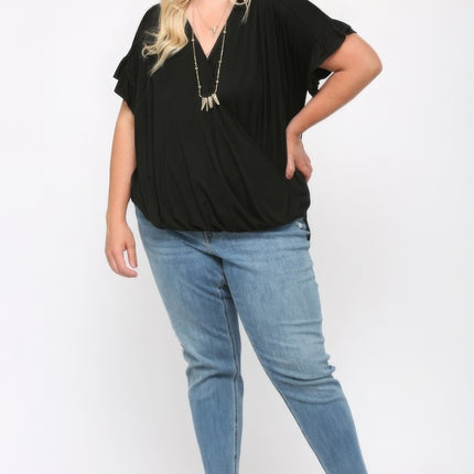 Solid Viscose Knit Surplice Top With Ruffle Sleeve