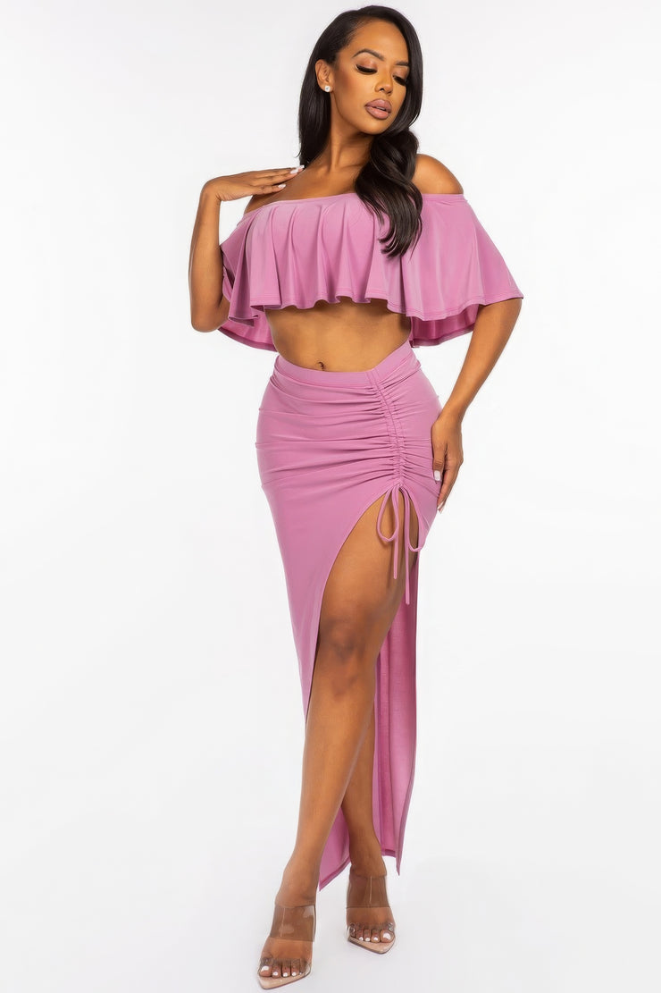 Solid Ity Off The Shoulder Ruffled Cropped Top And Ruched Maxi Skirt Two Piece Set