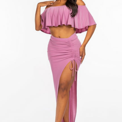 Solid Ity Off The Shoulder Ruffled Cropped Top And Ruched Maxi Skirt Two Piece Set