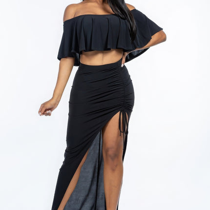 Solid Ity Off The Shoulder Ruffled Cropped Top And Ruched Maxi Skirt Two Piece Set