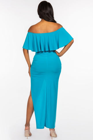 Solid Ity Off The Shoulder Ruffled Cropped Top And Ruched Maxi Skirt Two Piece Set