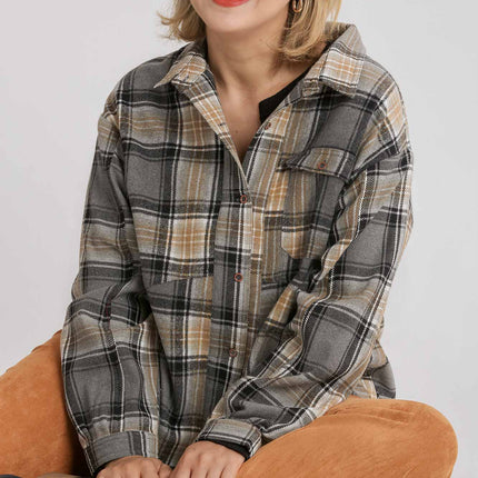 Plaid Collar Button Down Overshirt With Front Pockets