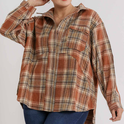 Plaid Collar Button Down Overshirt With Front Pockets