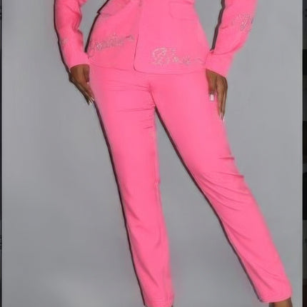 2 Piece Powersuit Blazer & Pants Set With Rhinestone Letterings On Blazer