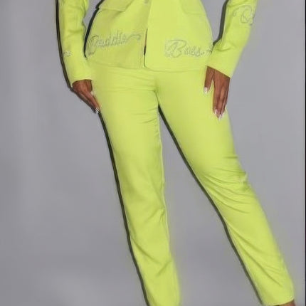 2 Piece Powersuit Blazer & Pants Set With Rhinestone Letterings On Blazer