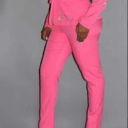 2 Piece Powersuit Blazer & Pants Set With Rhinestone Letterings On Blazer