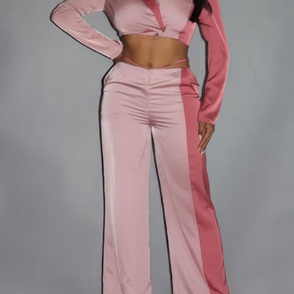 Colorblock Crop Blazer With Matching Low Rise Wide Leg Pant Set With Pockets