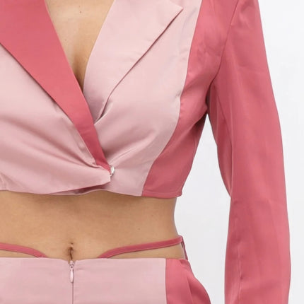 Colorblock Crop Blazer With Matching Low Rise Wide Leg Pant Set With Pockets