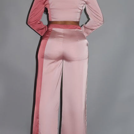 Colorblock Crop Blazer With Matching Low Rise Wide Leg Pant Set With Pockets