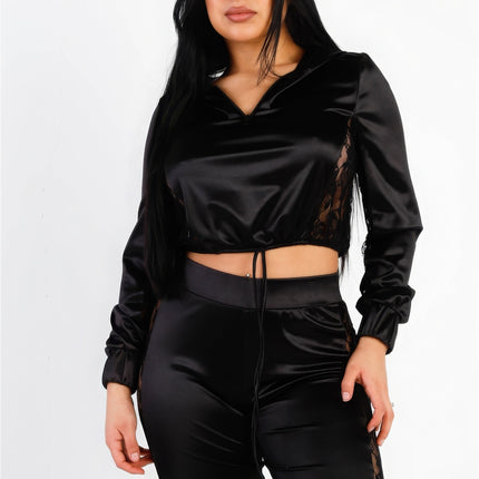 Satin Lace Details Long Sleeve Hooded Crop Top & Biker Short Set