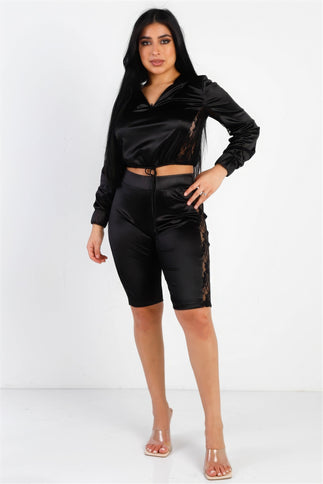 Satin Lace Details Long Sleeve Hooded Crop Top & Biker Short Set