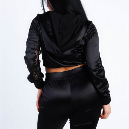 Satin Lace Details Long Sleeve Hooded Crop Top & Biker Short Set