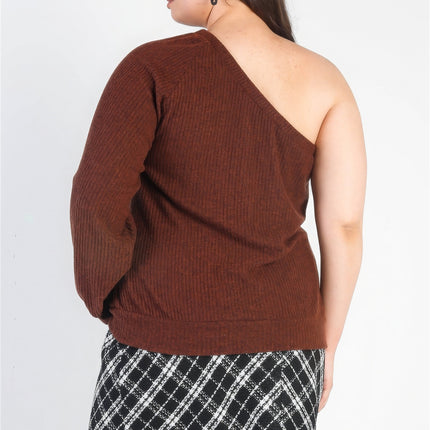 Plus Brown Ribbed Textured One Shoulder Top