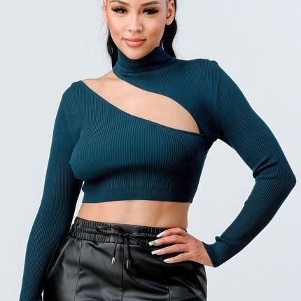 Lux Sweater Rib Cutout Mock Neck Crop Top