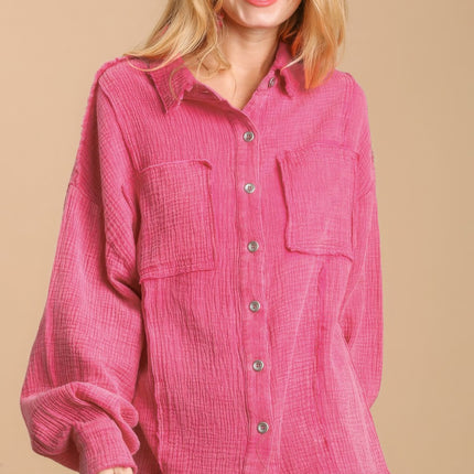 Mineral wash button down top with high low hem