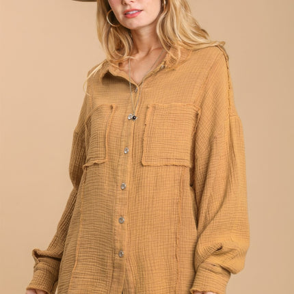 Mineral wash button down top with high low hem