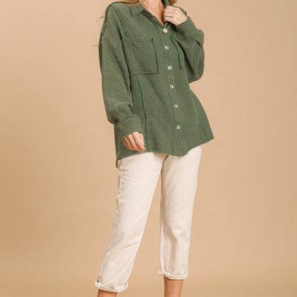 Mineral wash button down top with high low hem