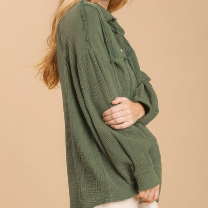 Mineral wash button down top with high low hem