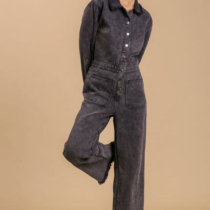 Mid button down stone wash wide leg distressed jumpsuit & side pockets with no lining