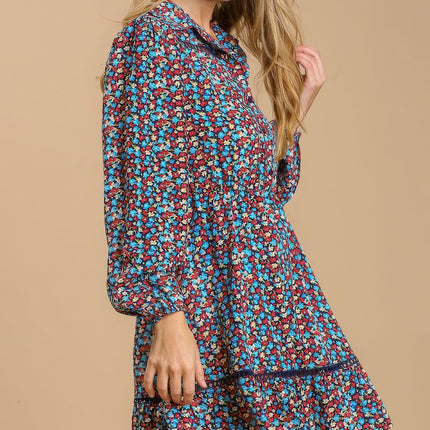 Collared neckline button down floral print dress with crochet trimmed details