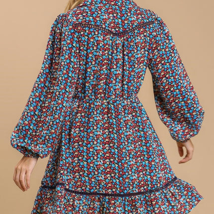 Collared neckline button down floral print dress with crochet trimmed details