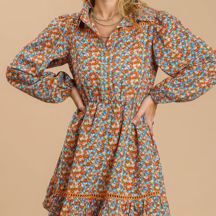 Collared neckline button down floral print dress with crochet trimmed details