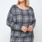 Boat Neck, Plaid Print Tunic Top, With Long Dolman Sleeves