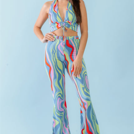 Multicolor Abstract Print Halter V-neck Ruched Open Back Crop Top & High Waist Pants Set