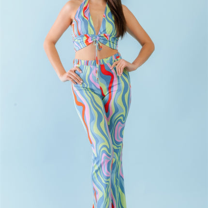 Multicolor Abstract Print Halter V-neck Ruched Open Back Crop Top & High Waist Pants Set