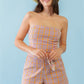 Orange & Aqua Plaid Print Cotton Strapless Crop Top & High Waist Two Pocket Shorts Set