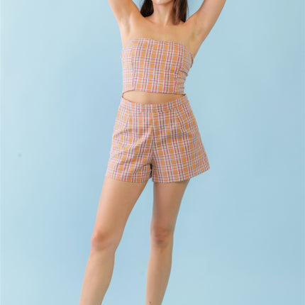 Orange & Aqua Plaid Print Cotton Strapless Crop Top & High Waist Two Pocket Shorts Set