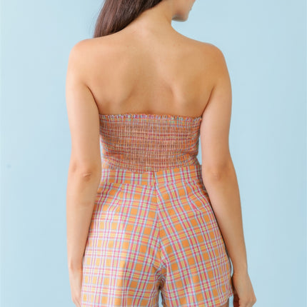 Orange & Aqua Plaid Print Cotton Strapless Crop Top & High Waist Two Pocket Shorts Set