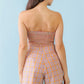 Orange & Aqua Plaid Print Cotton Strapless Crop Top & High Waist Two Pocket Shorts Set