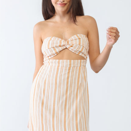 White & Apricot Stripe Print Strapless Twist Cut-out Smocked Back Mini Dress