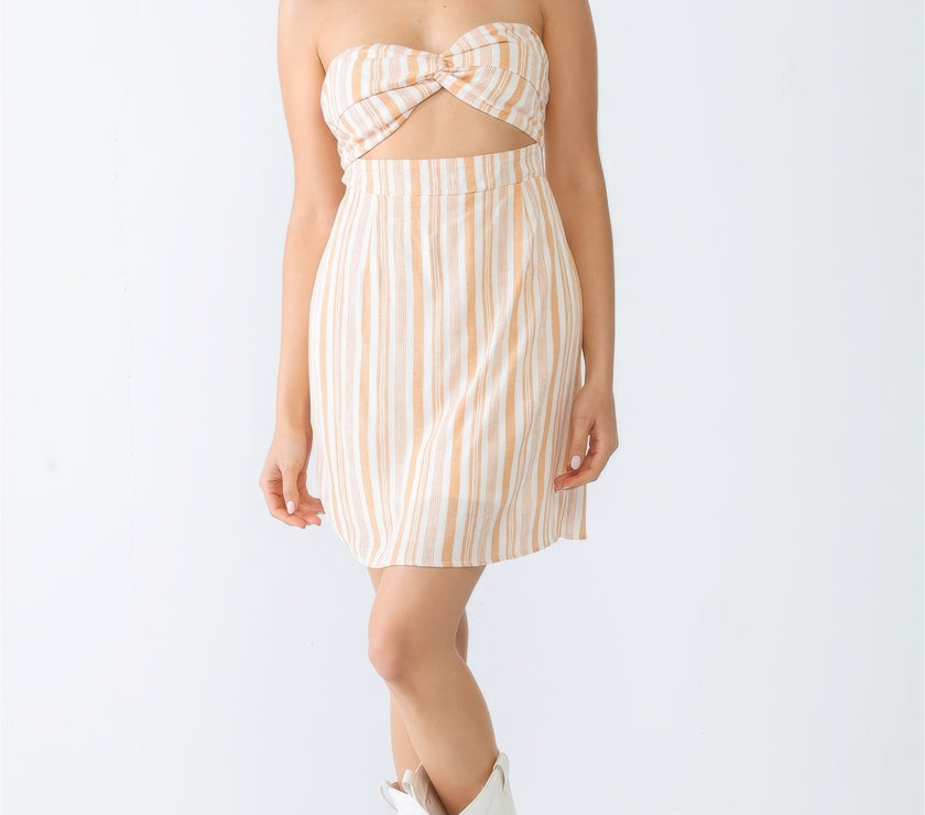 White & Apricot Stripe Print Strapless Twist Cut-out Smocked Back Mini Dress