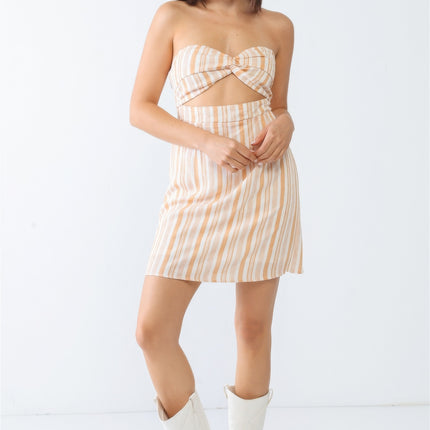 White & Apricot Stripe Print Strapless Twist Cut-out Smocked Back Mini Dress