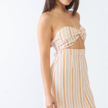 White & Apricot Stripe Print Strapless Twist Cut-out Smocked Back Mini Dress