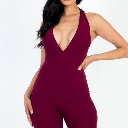 Casual Solid Halter V Neck Ribbed Bodycon Romper