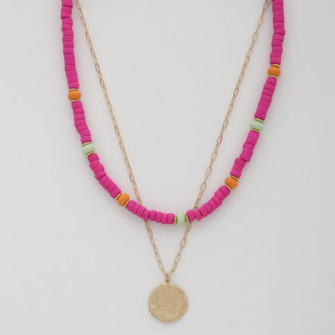 Coin Wood Bead Layered Necklace