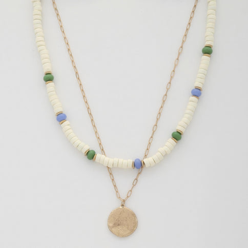 Coin Wood Bead Layered Necklace