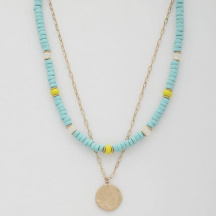 Coin Wood Bead Layered Necklace