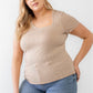 Plus Taupe Waffle Knit Angled Neck Short Sleeve Top