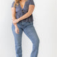 Plus Denim Blue Ribbed U-shape Neck Flare Hem Tie Top